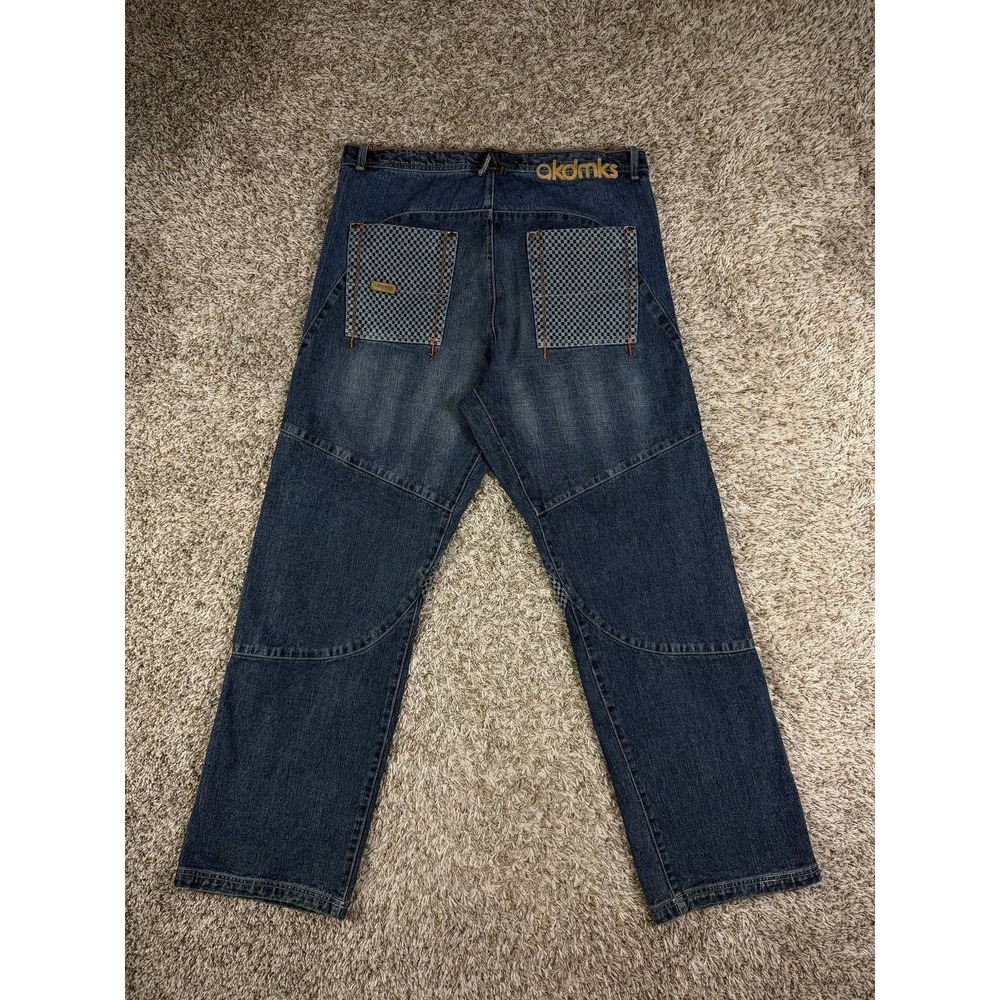 Akademiks Baggy Jeans Y2K Hip Hop Streetwear Skate Denim Checkered Panel Mens 38